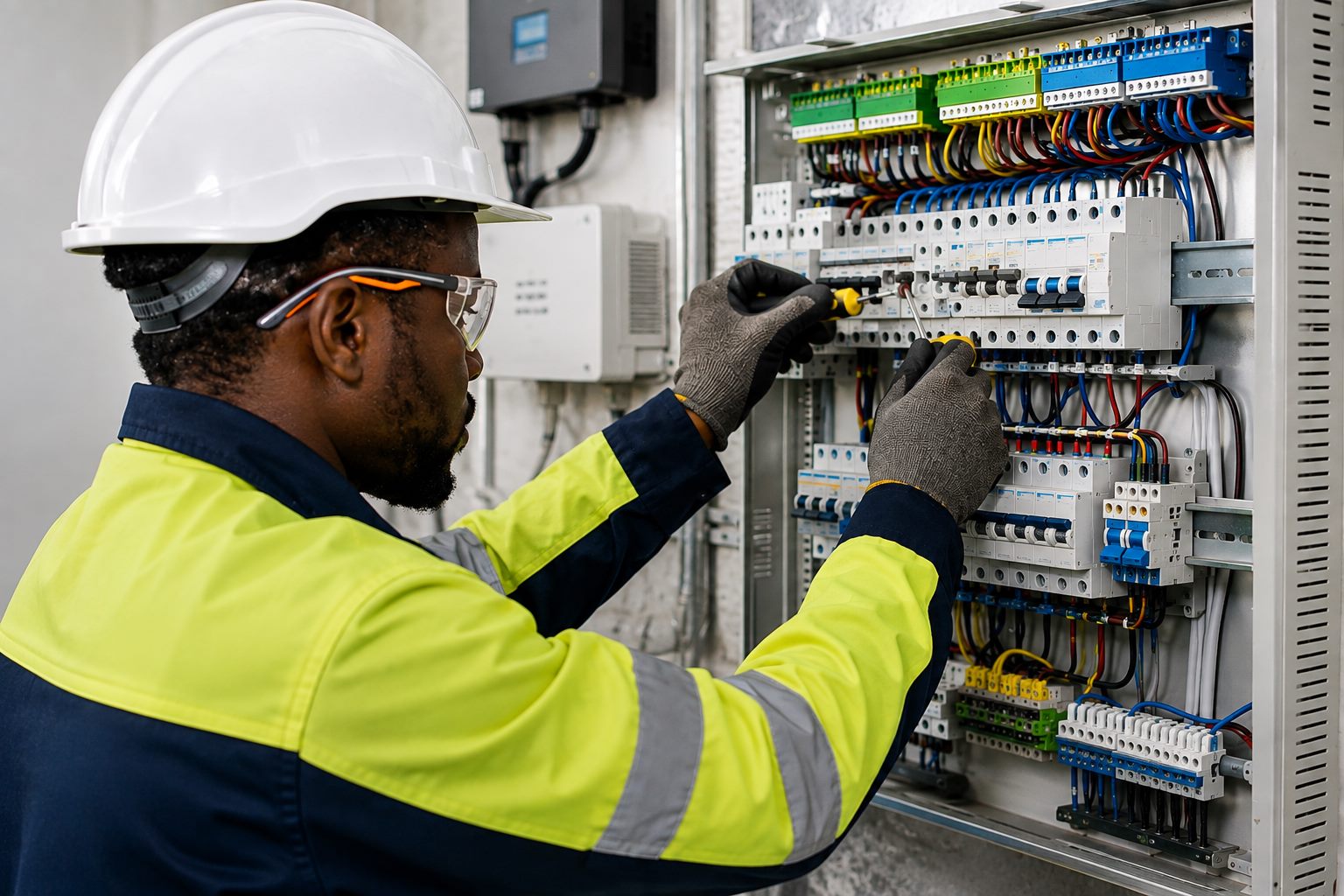 Electrician in hi-vis and hard hat terminating circuit breakers in a distribution board