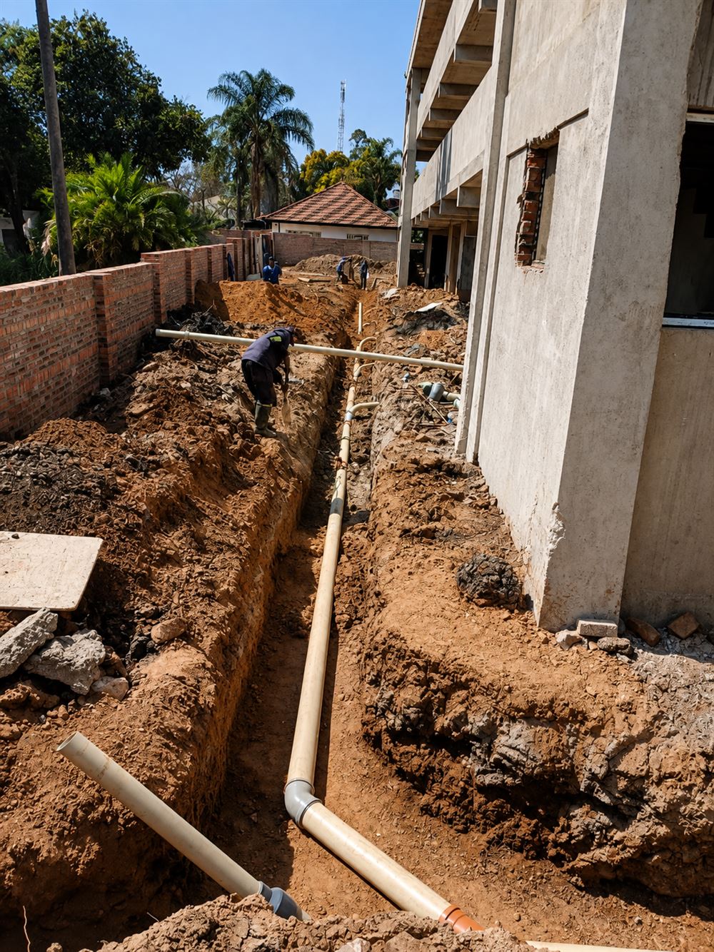 Drainage pipework being laid along an excavated trench beside a building under construction