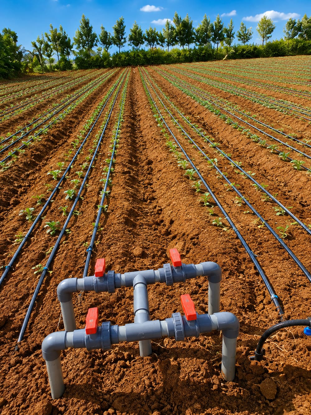 PVC manifold with ball valves feeding drip irrigation lines running down a planted field