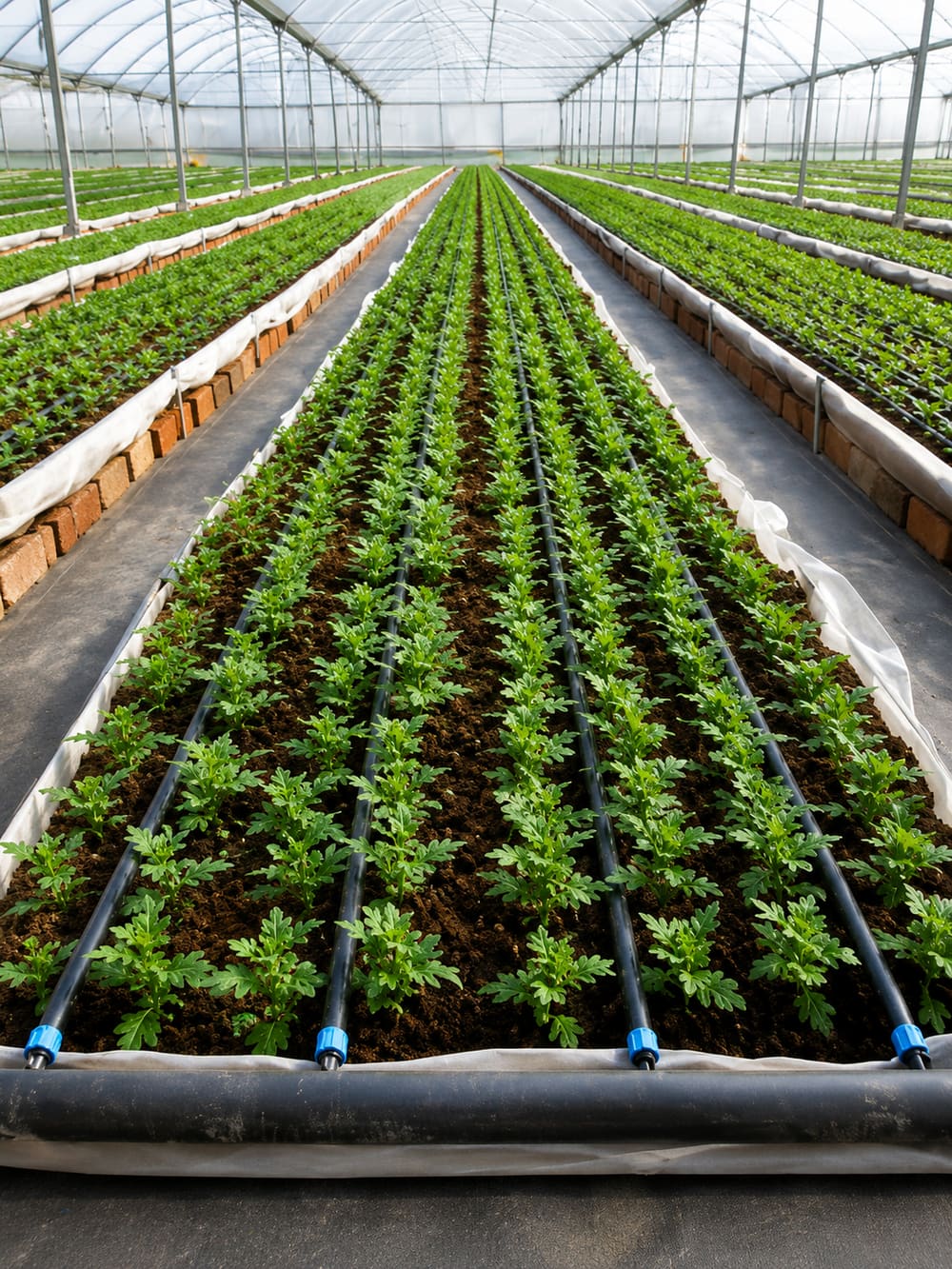 Rows of young plants in a greenhouse with drip irrigation lines running the length of each bed