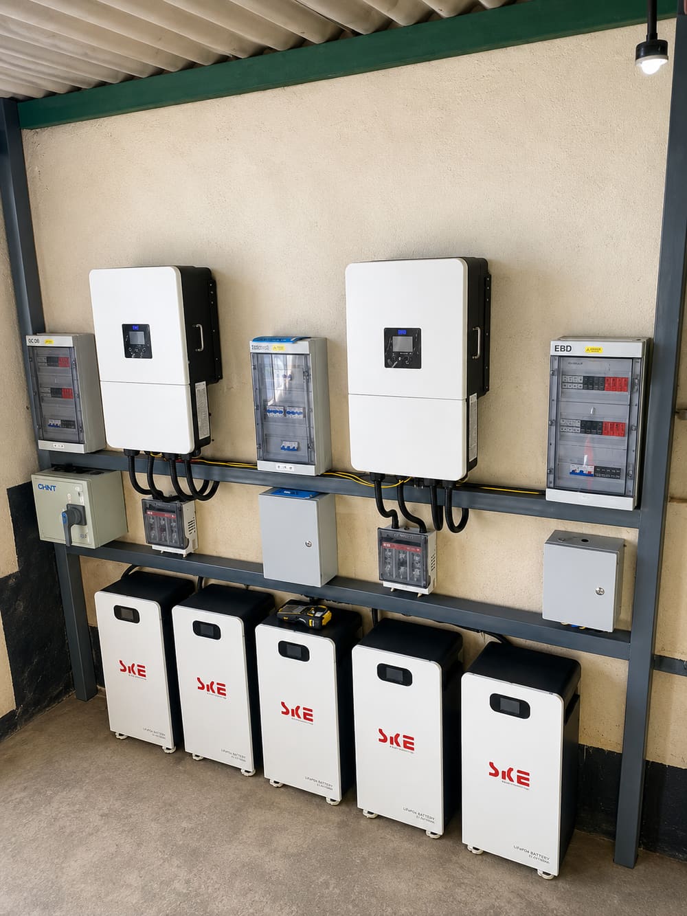 Hybrid inverters, labelled DC and essential-load distribution boards and a row of lithium batteries on a steel rack