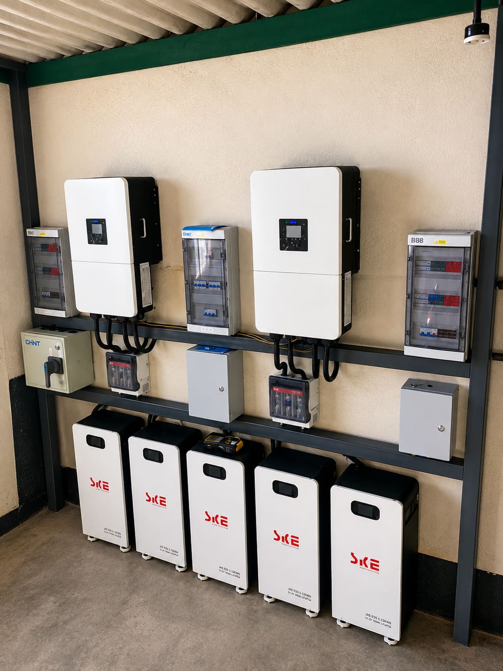 Dual hybrid inverters, DC and AC distribution boards and a bank of five lithium batteries installed by Covcro