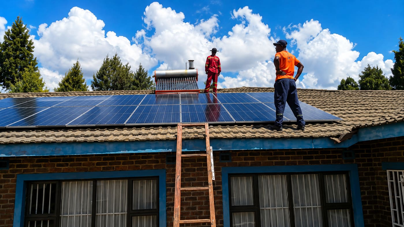Covcro technicians installing solar panels and a solar geyser on a rooftop