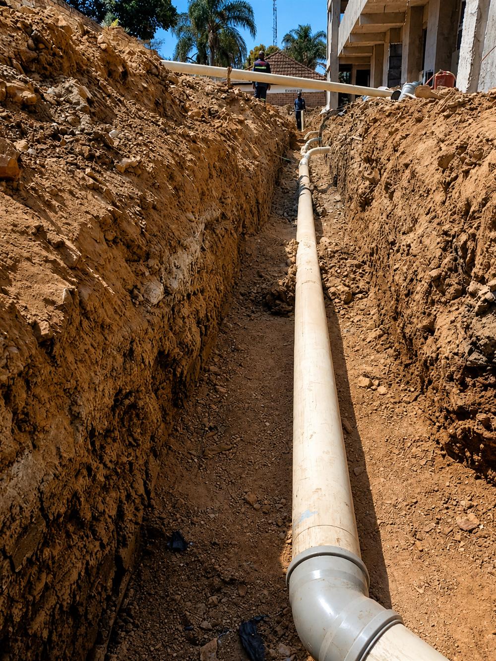 Sewer pipe running the length of a deep excavated trench towards a building under construction