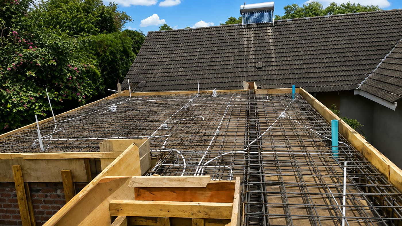 Electrical conduit and plumbing pipes laid into steel reinforcement mesh on a suspended slab before concrete is poured