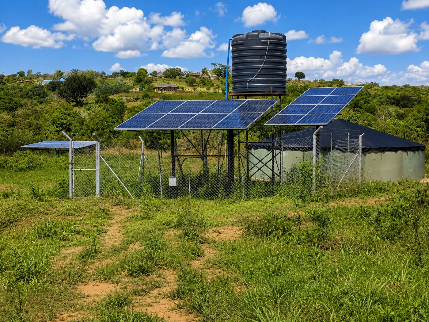 Solar powered borehole pump feeding an elevated water storage tank